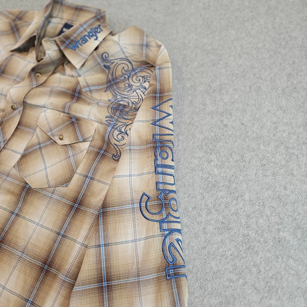 Wrangler Mens Plaid Western Pearl Snap Shirt Embroidered Rodeo Tan Blue L - Picture 8 of 16